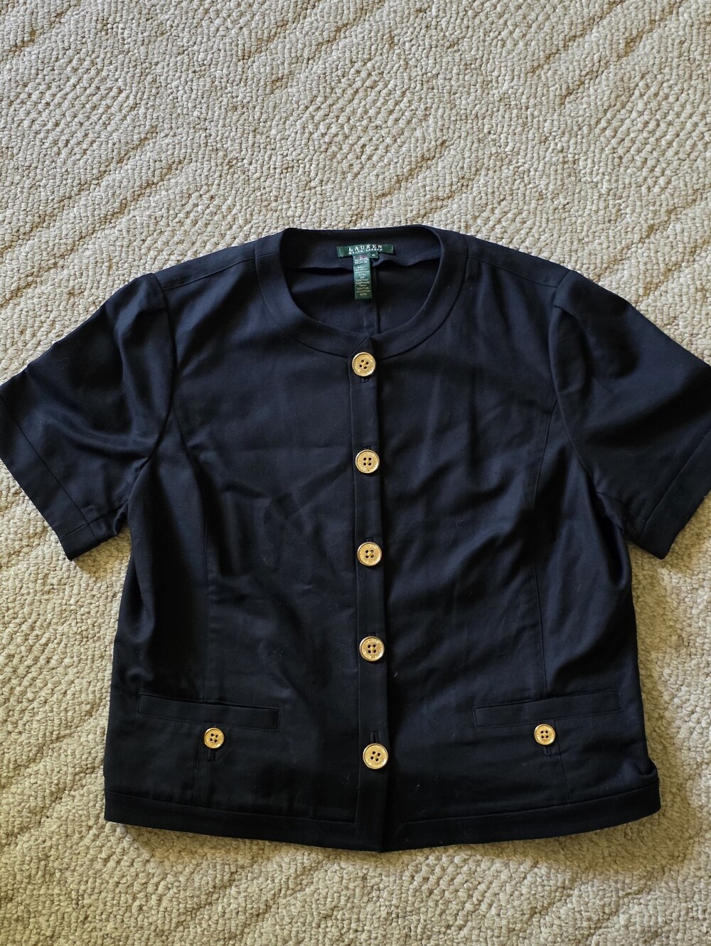 Ralph Lauren Black Short-Sleeve Button Front Top with Gold Buttons